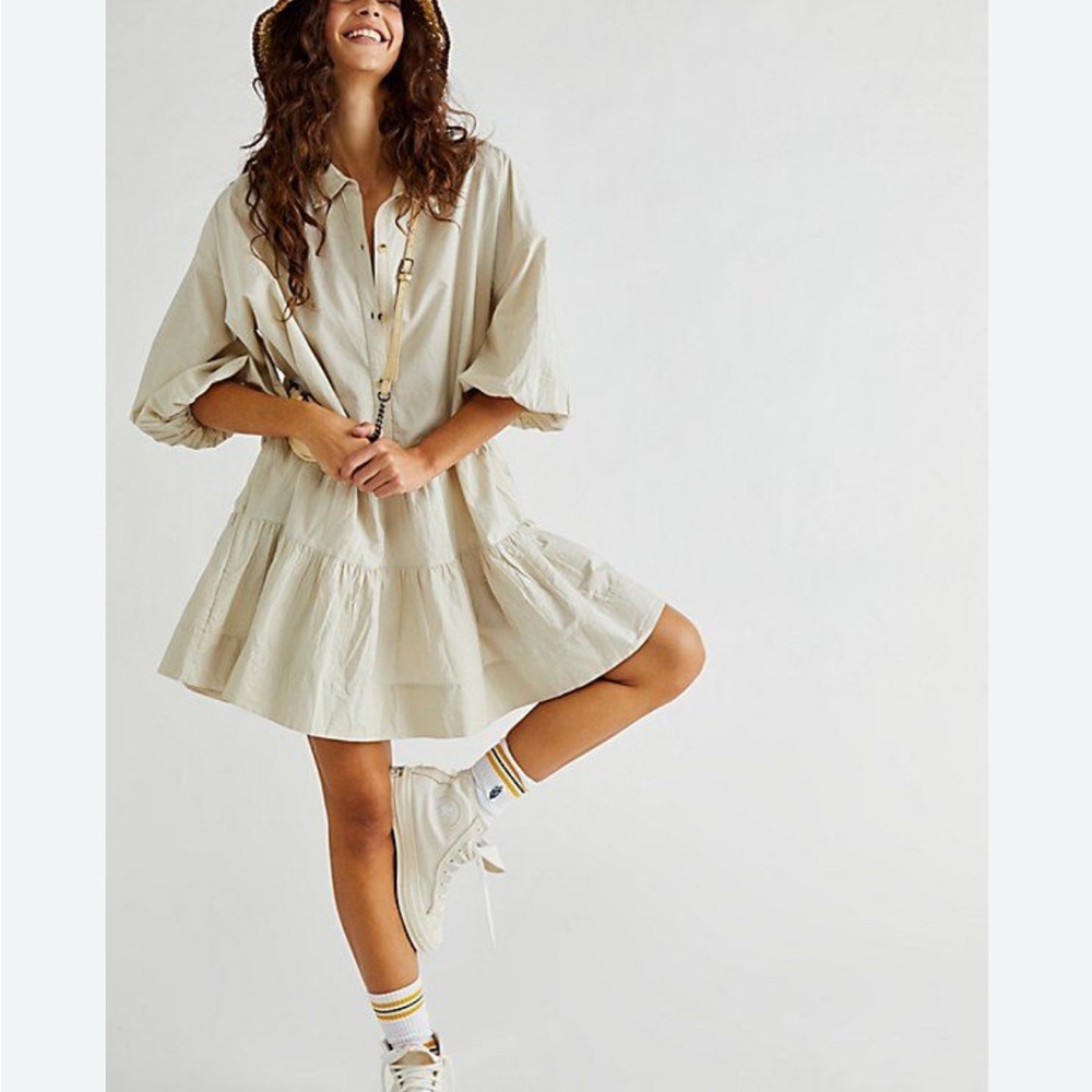 Beige Free People Size Medium Button-Up Mini Dress